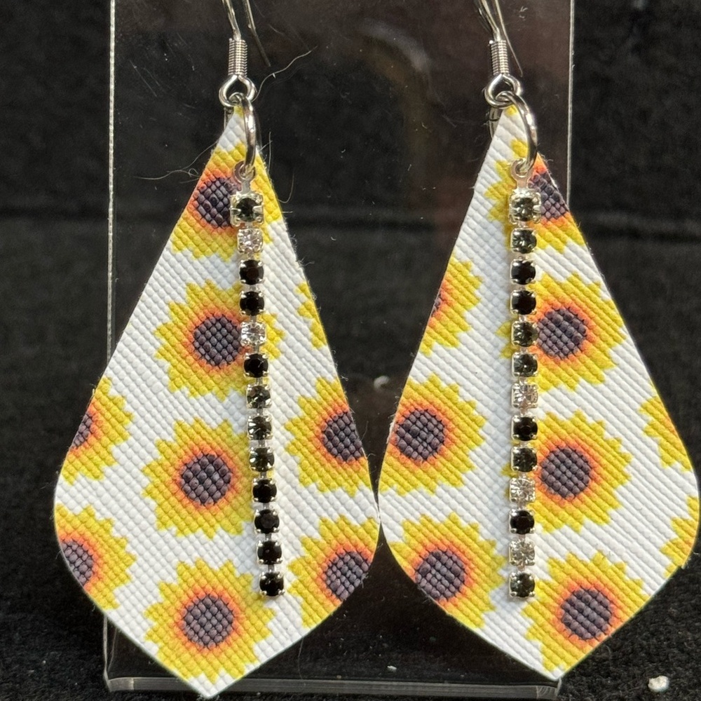 Sunflower Faux Leather Drop Earrings with Black and Transparent Rhinestones